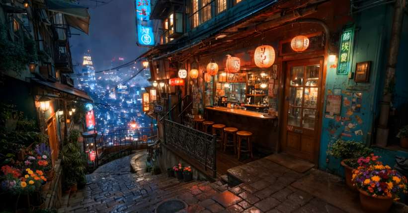 Download Rainy Lantern Street Bar Live Wallpaper