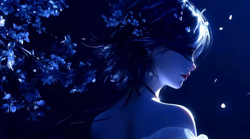 Download Blindfolded Girl - Blue Moonlight & Glowing Petals Live Wallpaper