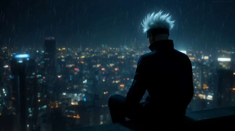 Download Gojo Watching Rainy City Lights Live Wallpaper