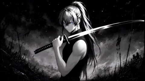 Monochrome Samurai with Glowing Blue Eyes Live Wallpaper - Free Live Wallpaper