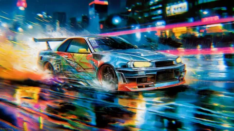 Nissan Skyline GT-R R34 Drifting Night City Live Wallpaper - Sports Car Wallpaper