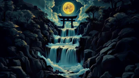 Moonlit Sanctuary: Tranquil Waterfall & Torii Gate 4K