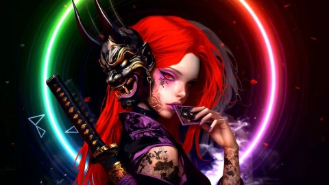 Redhead Demon Mask with Katana Live Wallpaper animated wallpaper preview