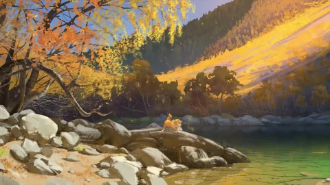 Shiba Inu Playing At The Riverside In The Morning HD Live Wallpaper For PC animated wallpaper preview