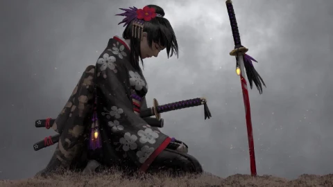 Samurai Girl Kneeling In Rain HD Live Wallpaper For PC - Kostenloses Live Wallpaper