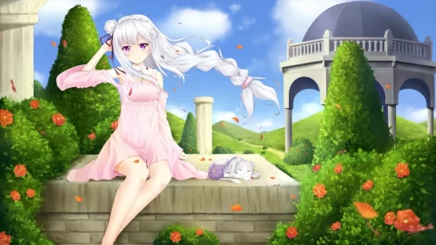 Emilia And Puck Relaxing In The Flower Garden Rezero HD Live Wallpaper For PC - Lo fi aesthetic Wallpaper