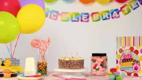 Stock Video Birthday Party Table With Balloons Falling Live Wallpaper For PC - Live Wallpaper