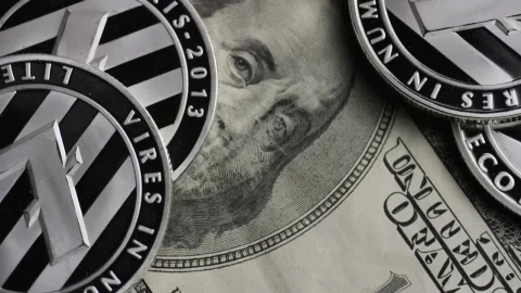 Stock Video Cryptocurrency Lite Coins Over Dollar Bills Live Wallpaper For PC - Stock Video Ice Cubes Thawing On Black Background Animated Wallpaper Wallpaper