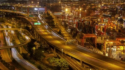Stock Video Container Port And Hong Kong Highway At Night Live Wallpaper For PC - Live desktop wallpaper Wallpaper