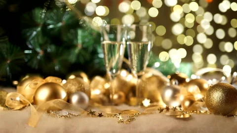 Stock Video Gold Holiday Ornaments And Champagne Glasses On Green Bokeh Live Wallpaper For PC animated wallpaper preview