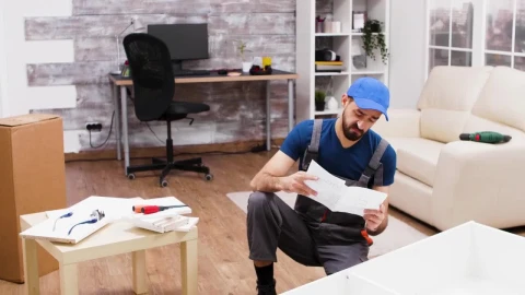 Stock Video Man Is Confused By Instructions For Furniture Assembl Animated Wallpaper animated wallpaper preview