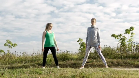 Stock Footage Two Girls Doing Yoga In A Field Live Wallpaper animated wallpaper preview