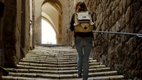 Stock Footage Woman With A Backpack Walking Up The Stairs Live Wallpaper Free animated wallpaper preview