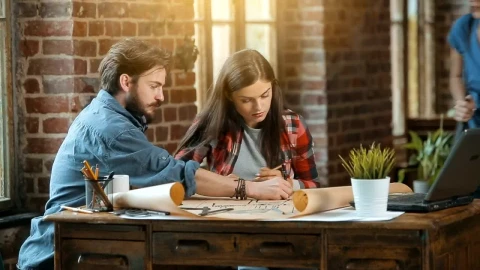 Stock Footage Work Team Planning A Project On Blueprints Live Wallpaper Free animated wallpaper preview