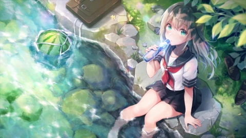Anime Anime School Girl Drinking Water Relaxing By The River Live Wallpaper animated wallpaper preview
