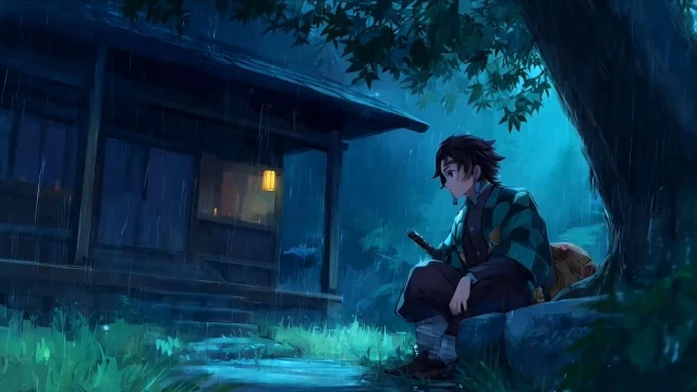 Demon Slayer - Tanjiro Rainy Night Aesthetic Live Wallpaper Preview