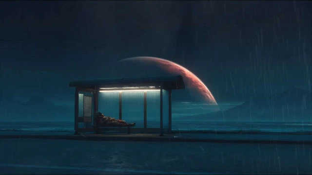 Sci-Fi Astronaut at Rainy Bus Stop - Lo-Fi Live Wallpaper Preview