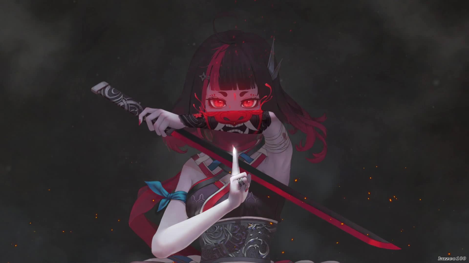 Download Samurai Girl and Oni Mask on Hand Live Wallpaper