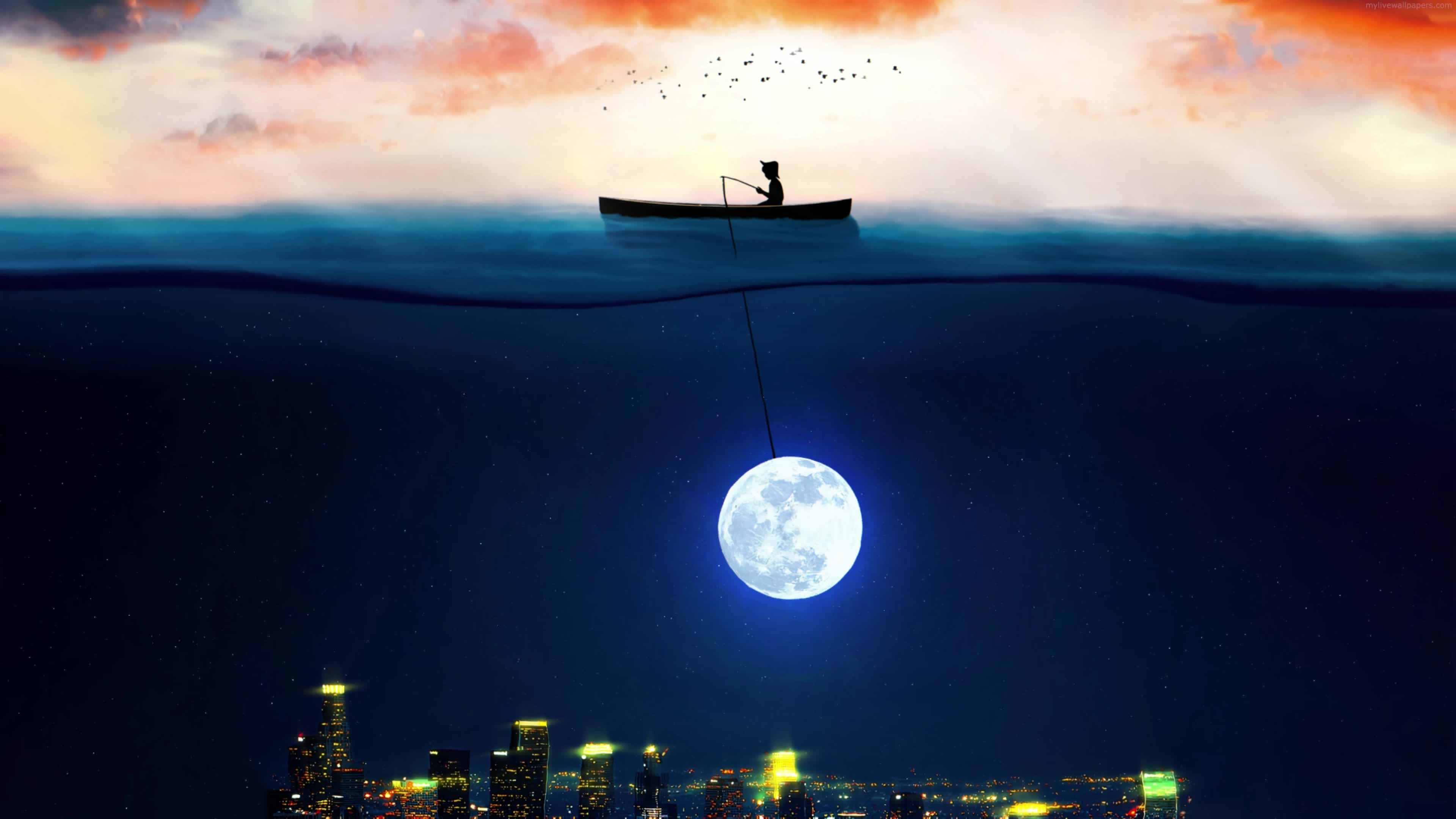 Download Moon Fishing Sea and the City 4K Live Wallpaper