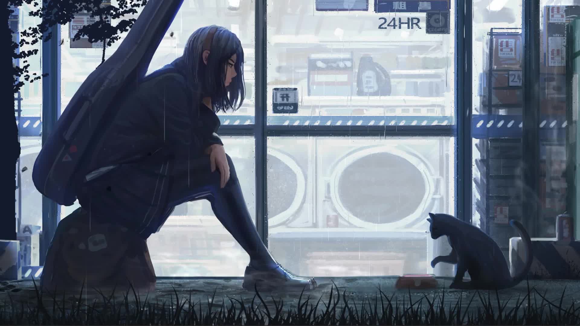 Download Girl With Cat In The Rain Live Wallpaper