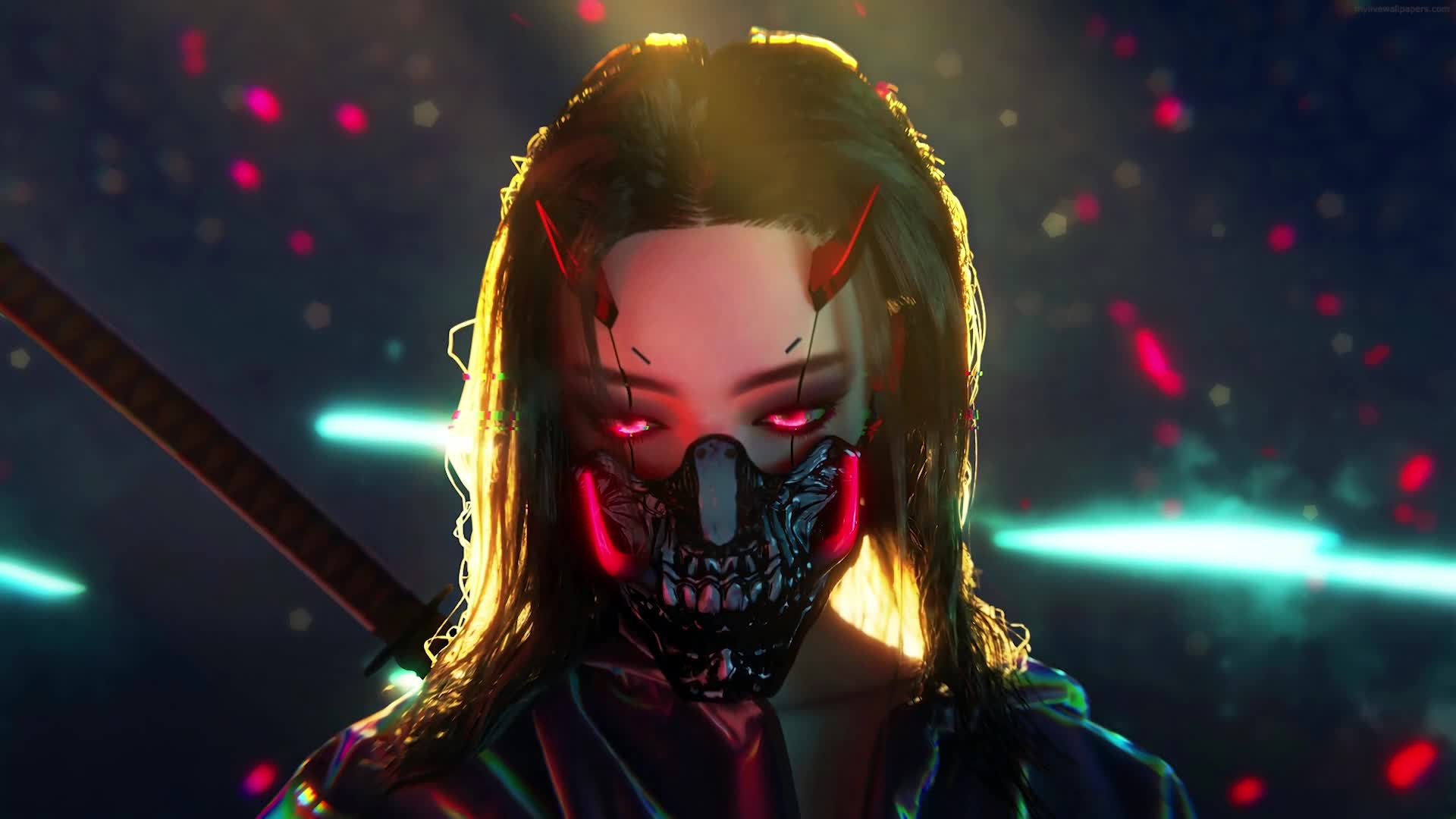 Download PC Animated Cyberpunk Oni Mask Live Wallpaper