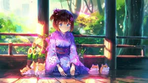 PC Animated Kimono Girl with Hamsters Live Wallpaper