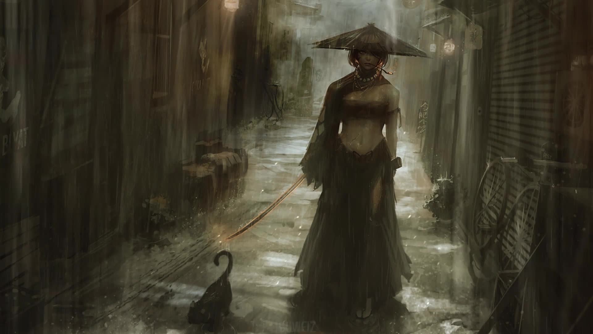 Download PC Samurai Girl in the Rain Live Wallpaper Free