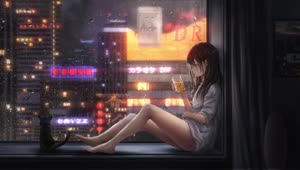 Anime Girl Drinking While Its Raining Outside HD Live Wallpaper For PC