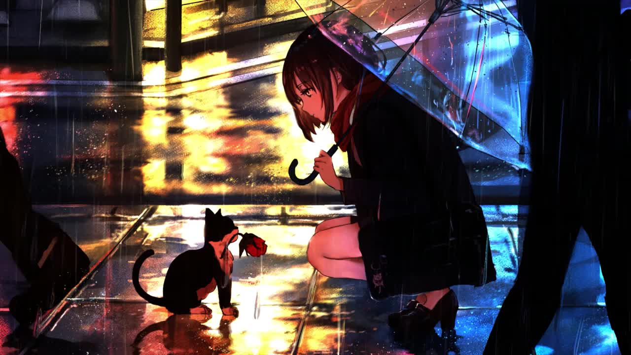 Download Anime Girl And Cat In The Rain HD Live Wallpaper For PC