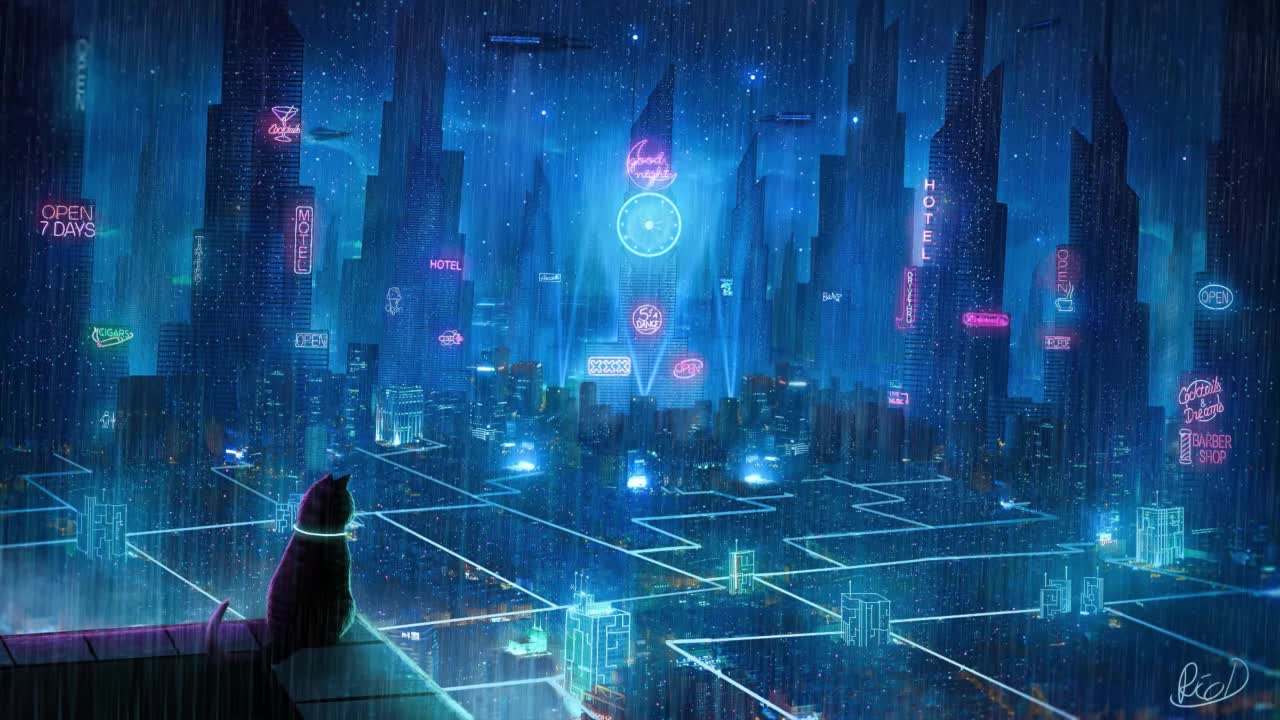 Download Cat Looking At Cyberpunk City In The Rain HD Live Wallpaper For PC
