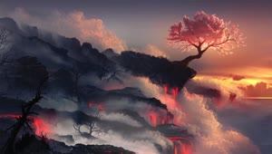 Cherry Blossom Tree On The Volcano HD Live Wallpaper For PC