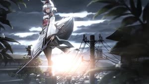 Anime Wolf Girl Holding Katana Standing On Electric Pole HD Live Wallpaper For PC
