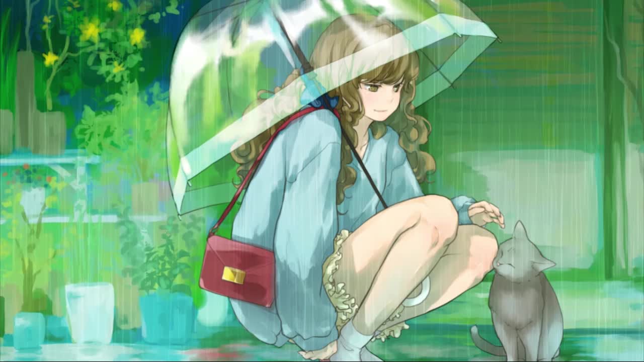 Download Anime Girl Playing With Cat In The Rain HD Live Wallpaper For PC
