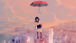Anime Girl Flying With Umbrella In The Sky HD Live Wallpaper For PC