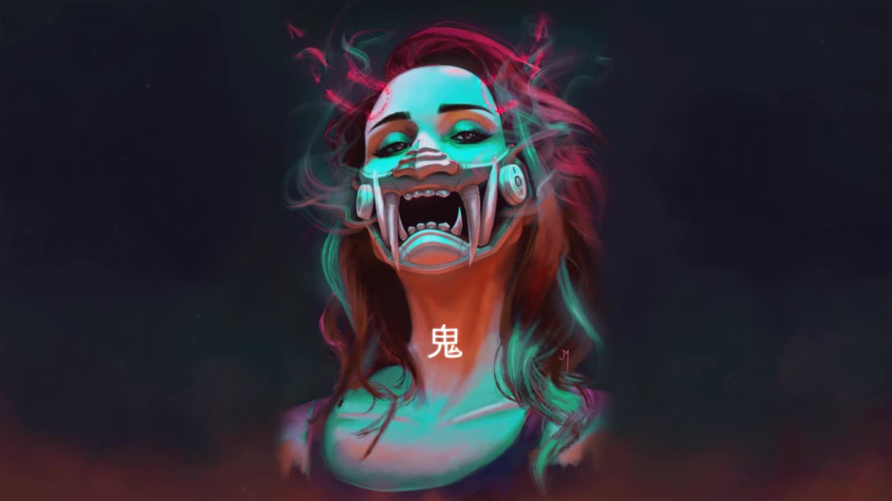 Download Cyberpunk Girl Oni Mask HD Live Wallpaper For PC