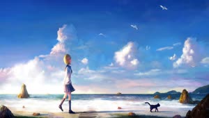 Anime Girl Walking On The Beach With A Cat HD Live Wallpaper For PC