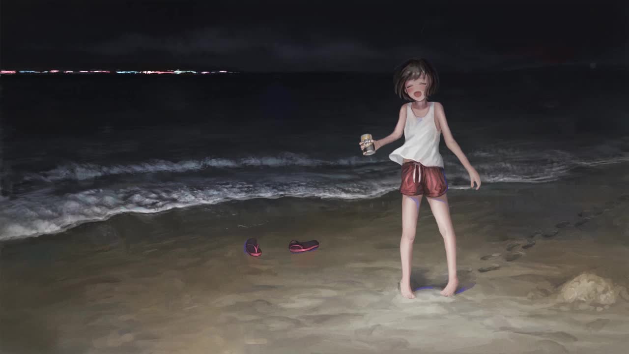 Download Anime Girl On The Beach At Night HD Live Wallpaper For PC