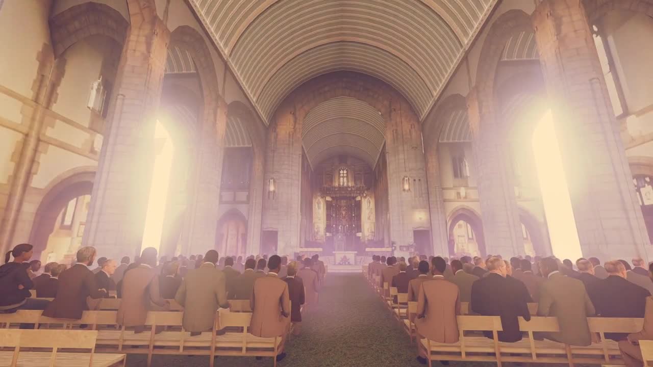 Download Stock Video 3d church full of people sitting in the seats PC Live Wallpaper