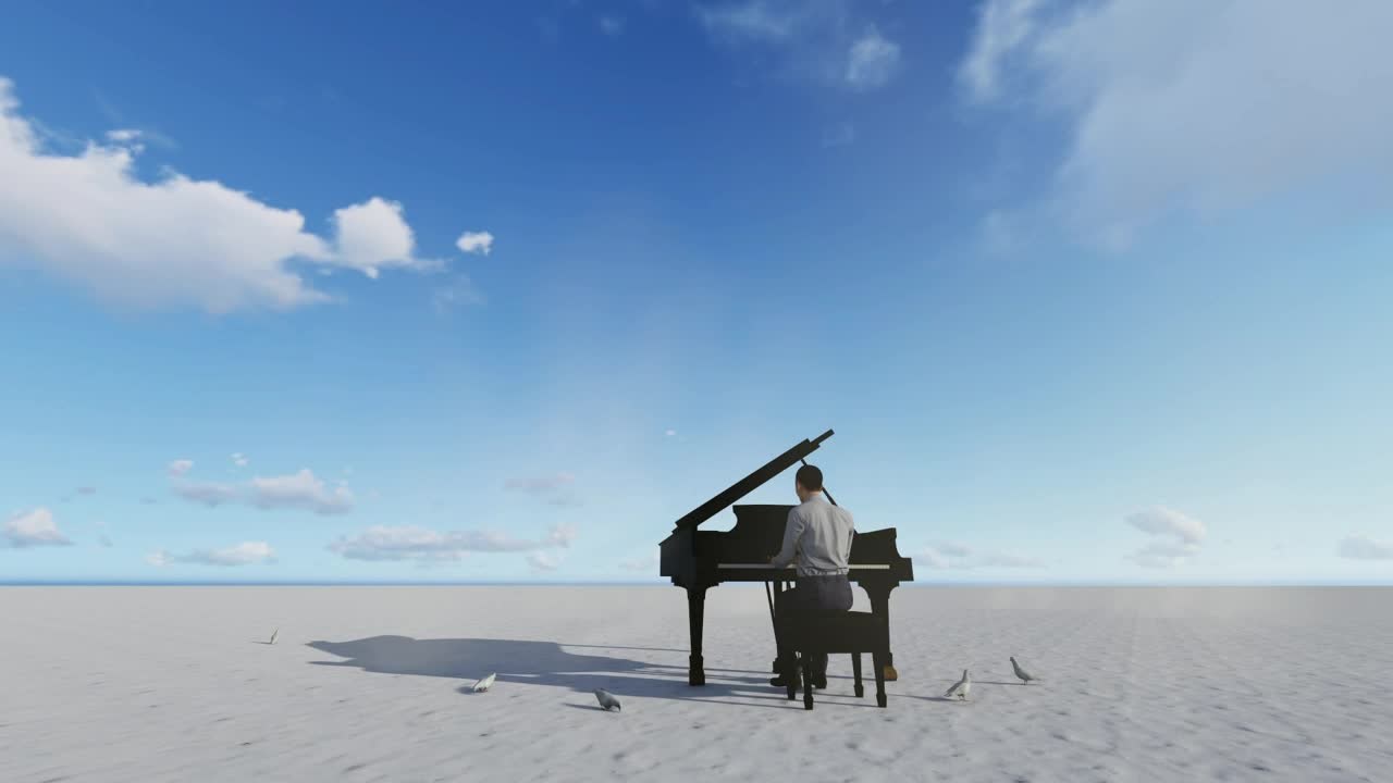 Download Stock Video 3d man playing piano with birds on a desert plane PC Live Wallpaper