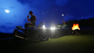 Stock Video 3d motorcyclists hanging out with a campfire PC Live Wallpaper