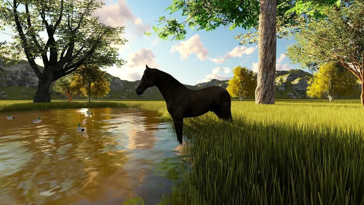 Download Stock Video Animation Of A Horse Drinking Water From A Lake Live Wallpaper For PC
