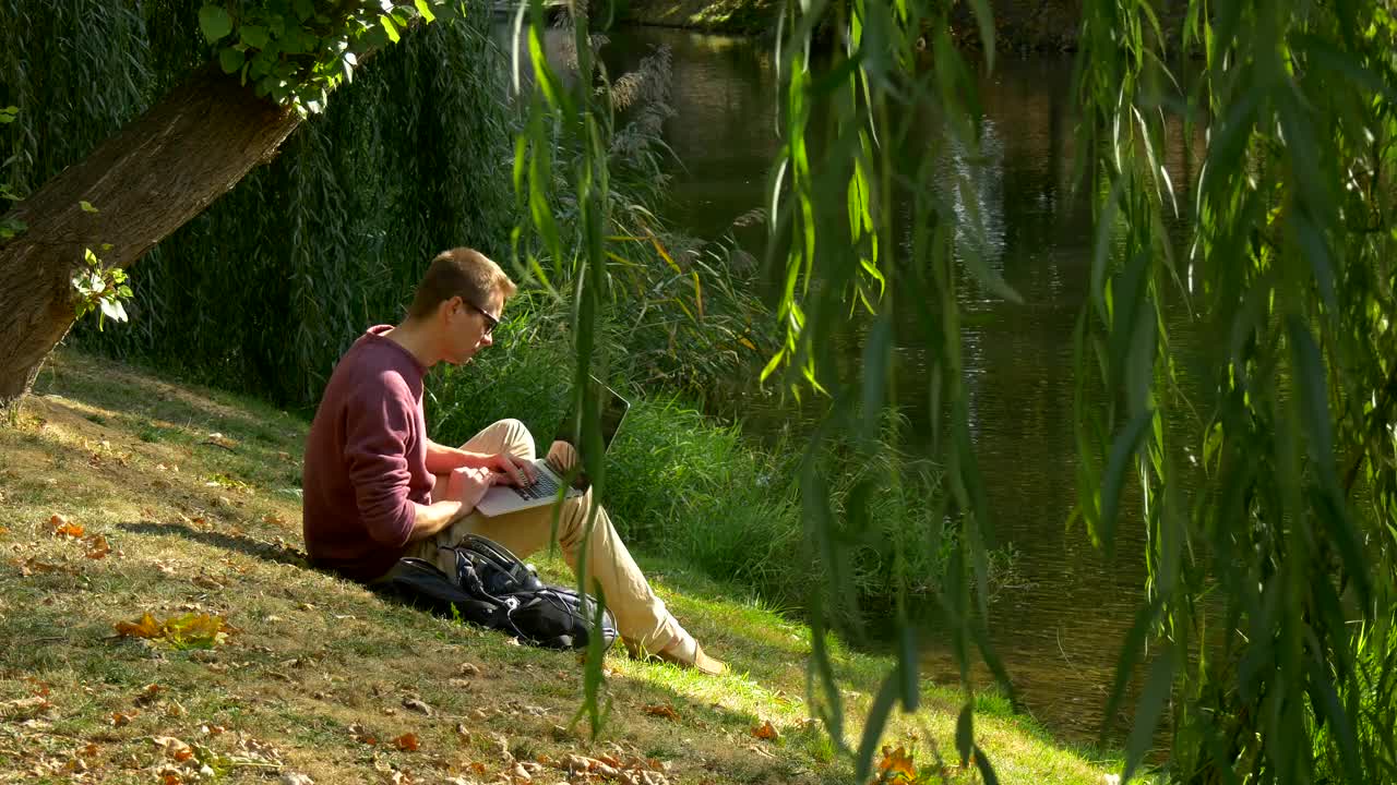 Download Stock Video A Man With A Laptop By The River Live Wallpaper For PC