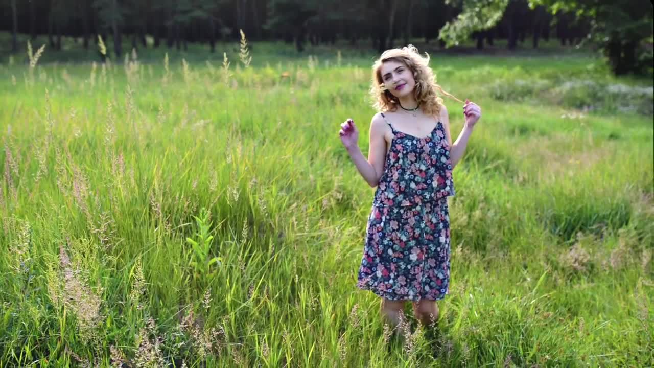 Download Stock Video Blond Woman In Blue Dress On Meadow Live Wallpaper For PC