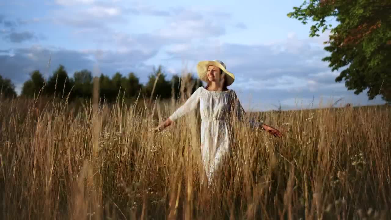 Download Video Stock Cinematic Of Woman Walking In Field At Sunset Live Wallpaper For PC