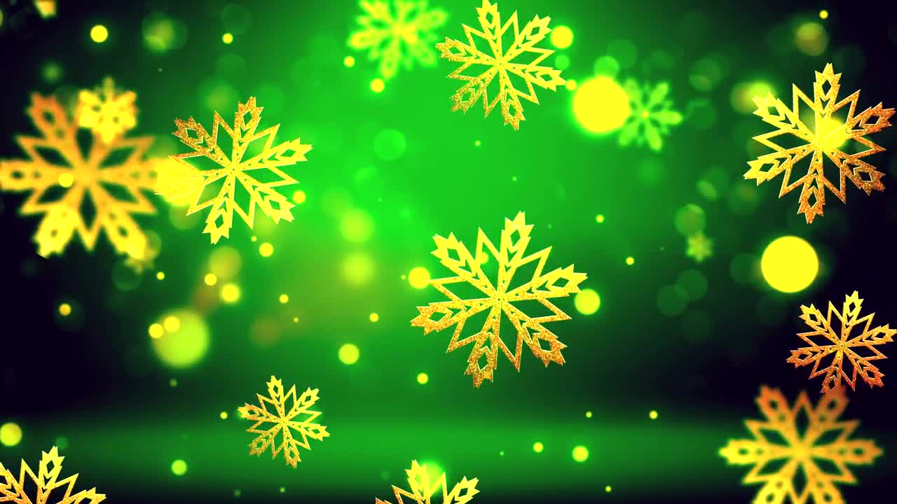 Download Video Stock Christmas Golden Snowflakes On Green Background Live Wallpaper For PC