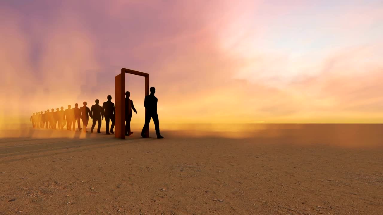 Download Video Stock Businessmen Walking Through A Door In A Desert Live Wallpaper For PC