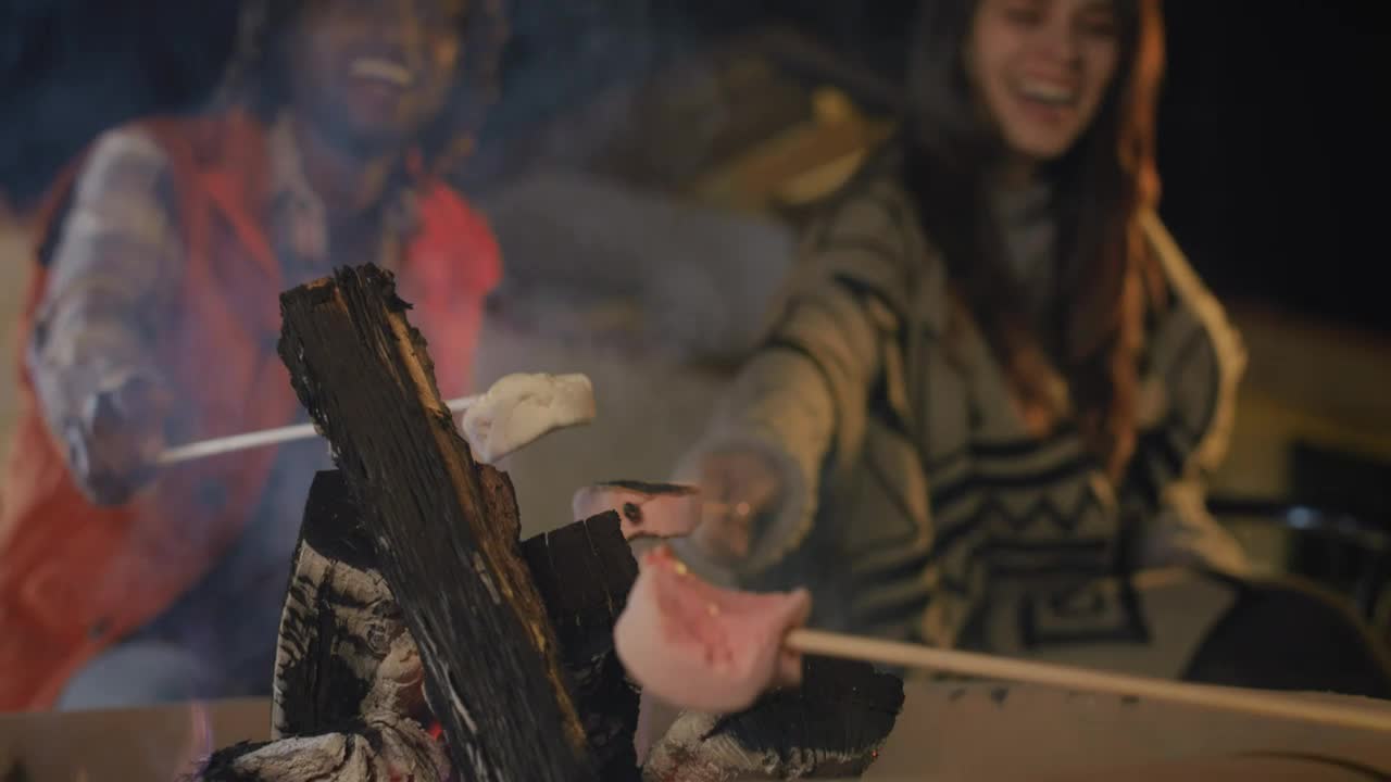 Download Stock Video Couple Of Friends Burning Marshmallows Over A Campfire Live Wallpaper For PC