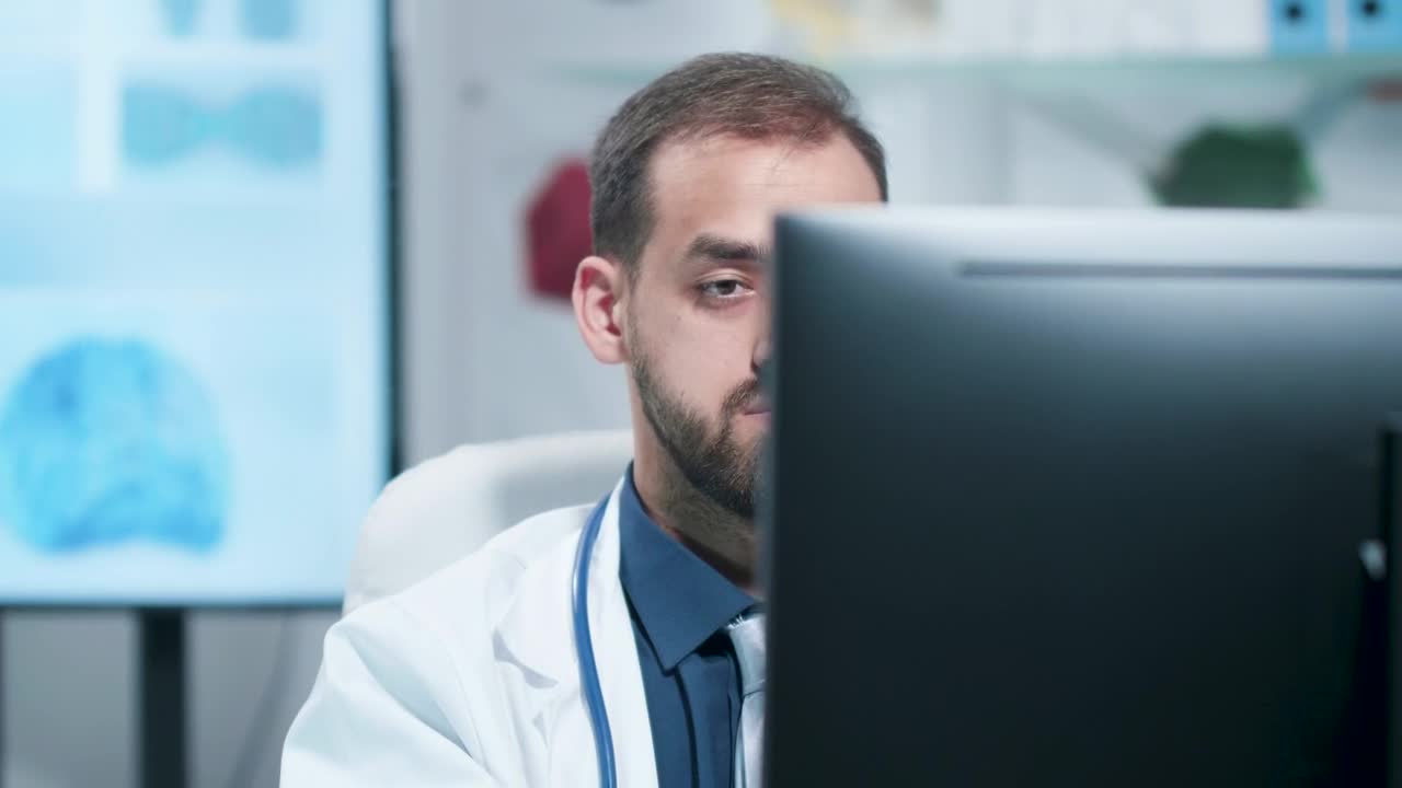 Download Stock Video Depressed Medical Professional Working On Pc In Lab Live Wallpaper For PC