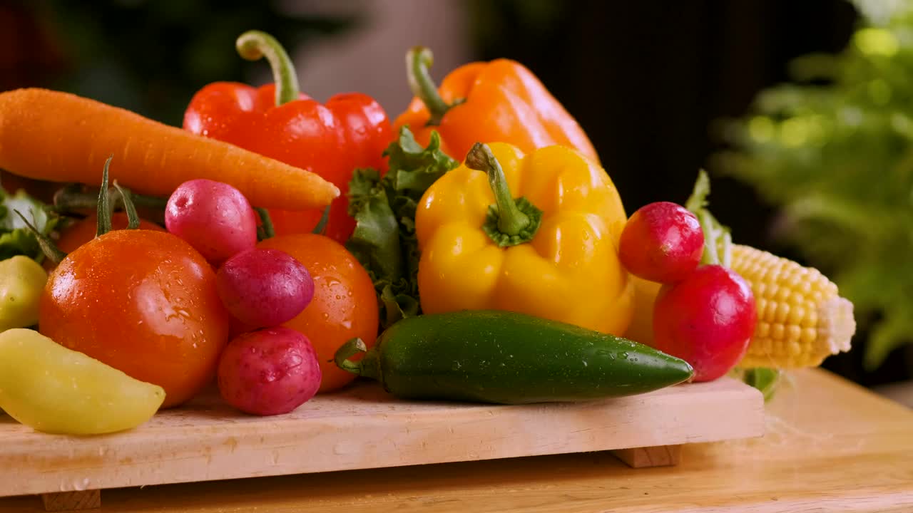 Download Stock Video Fresh Vegetables On A Wooden Board Close Up View Live Wallpaper For PC