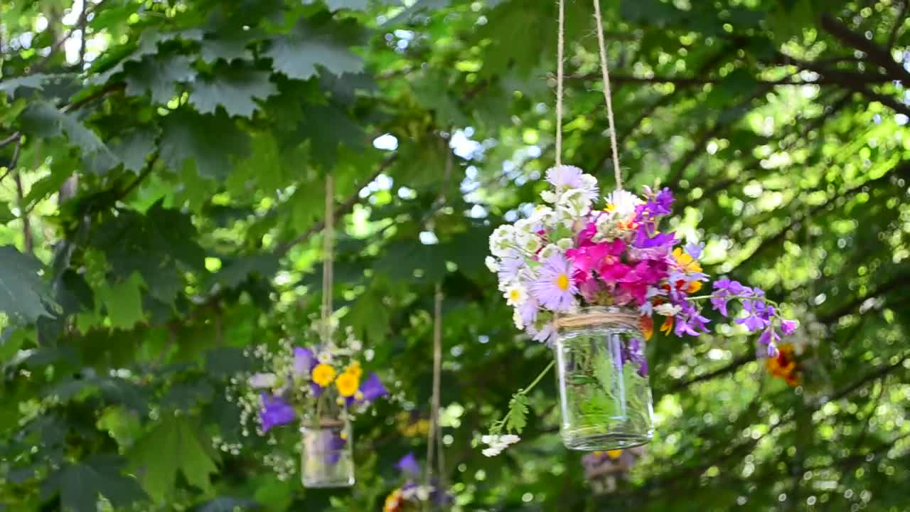 Download Stock Video Flowers In Glass Jars Hanging From A Tree Live Wallpaper For PC